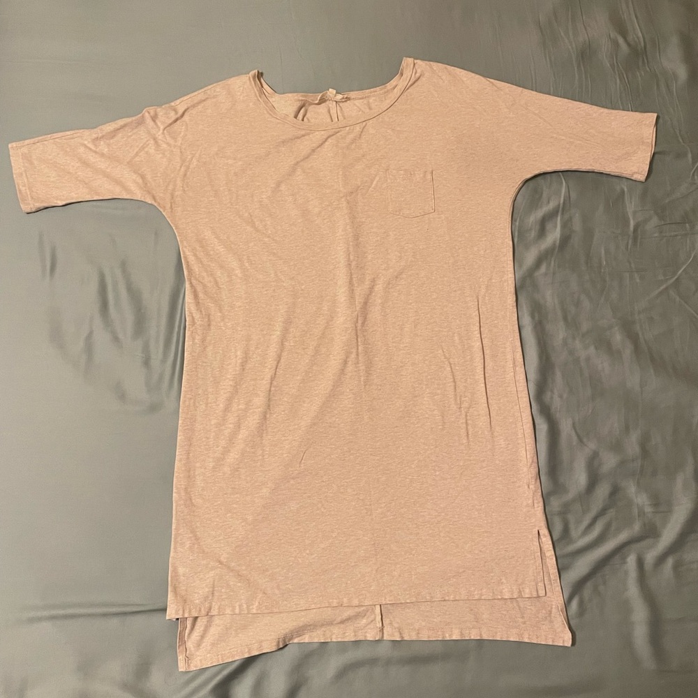 Oatmeal t-shirt dress with 3/4 dolman sleeves.